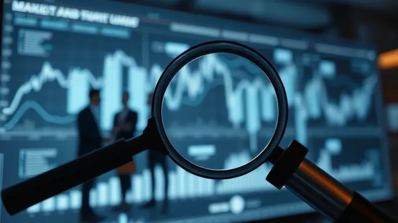 photorealistic, professional photography, 8K, cinematic lighting, sharp focus, depth of field, shot on a high-end DSLR, a detective's magnifying glass hovering over a complex, illuminated market analysis chart, with blurred figures in the background discussing strategy, symbolizing deep diagnostic work for a product launch.