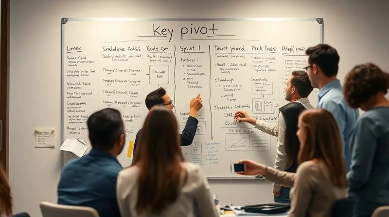 photorealistic, professional photography, 8K, cinematic lighting, sharp focus, depth of field, shot on a high-end DSLR, a diverse team of professionals intensely collaborating around a whiteboard filled with agile sprint tasks and flowcharts, with one team member pointing to a key 'pivot' marker, symbolizing rapid, coordinated execution.