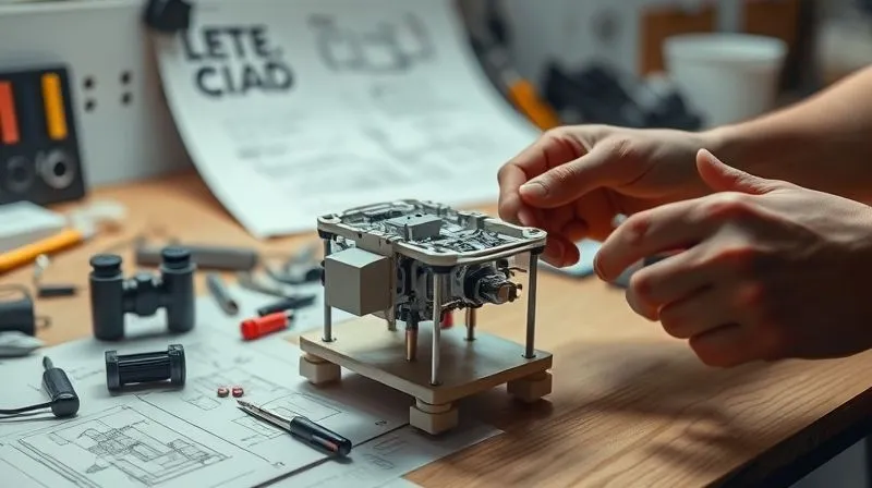 A close-up, photorealistic image of hands rapidly assembling a simple, functional prototype using various materials and 3D printed parts on a workbench, with design sketches in the background. Cinematic lighting, sharp focus on the hands and prototype, depth of field. 8K hyper-detailed, professional photography.