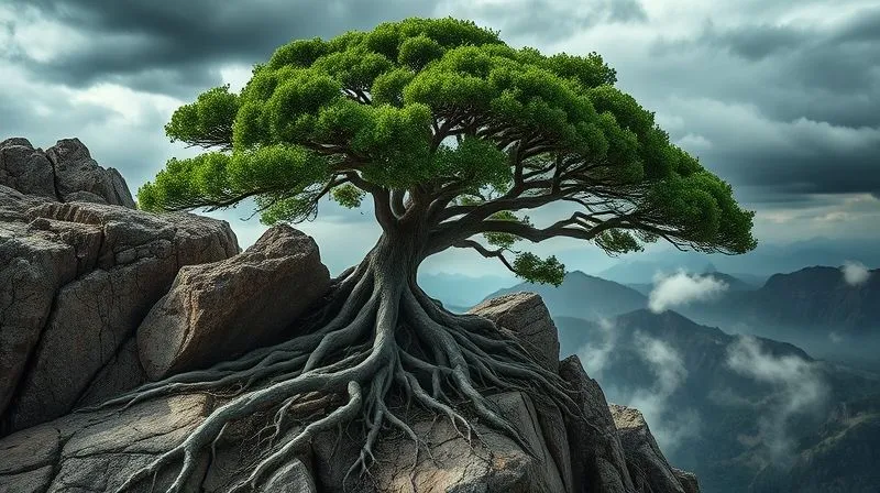 A photorealistic, professional photography image of a thriving, resilient tree with deep, interconnected roots firmly planted on a rocky, windswept cliff edge, symbolizing strong dynamic capabilities amidst environmental turbulence. Cinematic lighting, sharp focus on the tree, depth of field. 8K hyper-detailed.