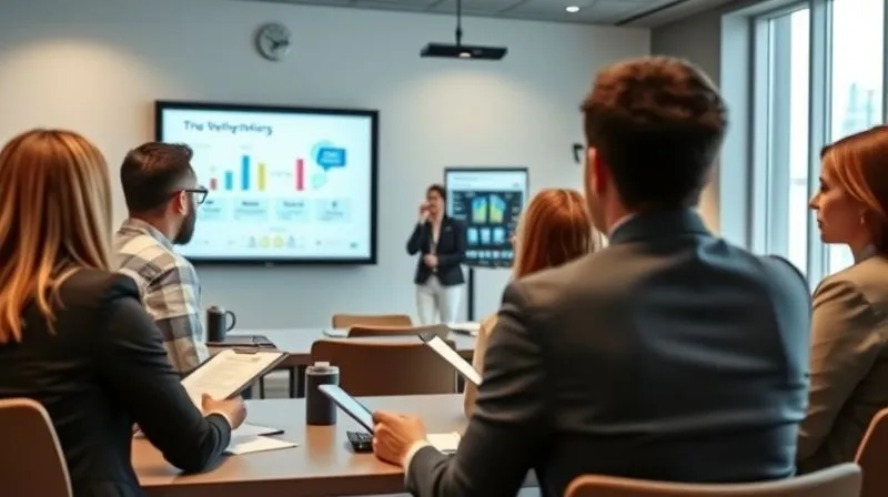 A photorealistic image of a diverse group of business professionals in a modern, brightly lit training room, actively engaged in a workshop. One person is presenting on a screen with a clear, concise infographic, while others are taking notes and collaborating. Professional photography, 8K, cinematic lighting, sharp focus on the participants, depth of field blurring the background. A photorealistic image of a diverse group of business professionals in a modern, brightly lit training room, actively engaged in a workshop. One person is presenting on a screen with a clear, concise infographic, while others are taking notes and collaborating. Professional photography, 8K, cinematic lighting, sharp focus on the participants, depth of field blurring the background.