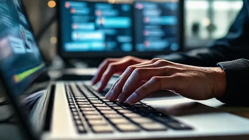 A photorealistic close-up of a customer service agent's hands typing rapidly on a keyboard, with multiple blurred chat windows open on a screen in the background, conveying urgency and the challenge of managing several complex digital conversations simultaneously. Cinematic lighting, sharp focus on the hands, depth of field. Professional photography, 8K hyper-detailed, shot on a high-end DSLR.