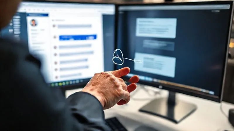 A photorealistic image showing a customer service agent's multi-monitor setup. On one screen, a live chat interface is open, and on another, a clear, simplified diagram with highlighted steps for a technical process is being prepared to be sent. The agent's hand hovers over the 'send' button. Cinematic lighting, sharp focus on the screens and hand, depth of field. Professional photography, 8K hyper-detailed, shot on a high-end DSLR.