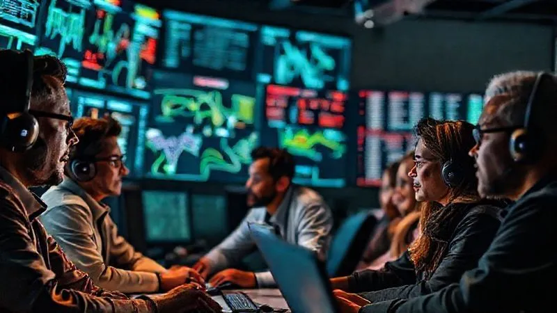 A photorealistic image of a diverse, intense incident response team in a modern command center, illuminated by the glow of multiple screens displaying network diagrams and data logs. Professional photography, 8K, cinematic lighting, sharp focus on the team's faces, depth of field blurring the background, shot on a high-end DSLR. A photorealistic image of a diverse, intense incident response team in a modern command center, illuminated by the glow of multiple screens displaying network diagrams and data logs. Professional photography, 8K, cinematic lighting, sharp focus on the team's faces, depth of field blurring the background, shot on a high-end DSLR.