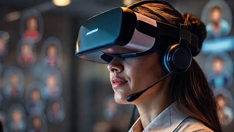 A photorealistic image of a customer service agent wearing a sleek VR headset, deeply immersed in a virtual customer interaction scenario. The virtual environment is subtly visible as a glowing overlay around the agent, showing diverse customer avatars. Cinematic lighting, sharp focus on the agent's engaged expression, depth of field, 8K hyper-detailed, shot on a high-end DSLR.