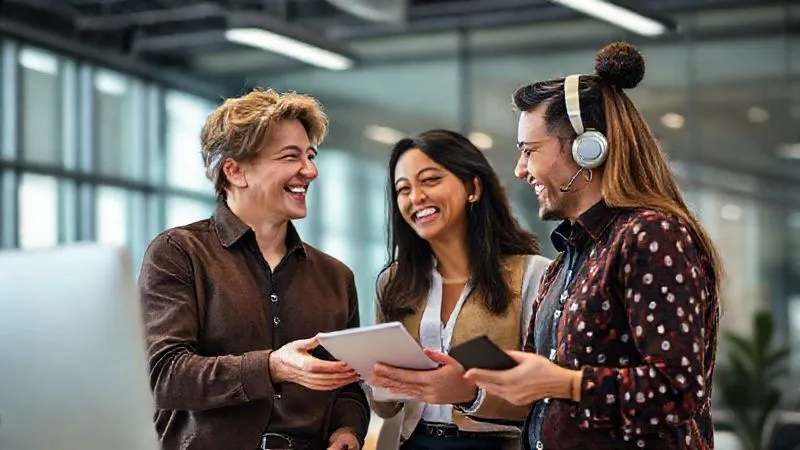 A photorealistic image of a diverse customer service team collaborating and laughing in a modern, brightly lit office. One team member is helping another, demonstrating peer support and a positive, empathetic work environment. Cinematic lighting, sharp focus on the team's interaction, depth of field, 8K hyper-detailed, shot on a high-end DSLR.