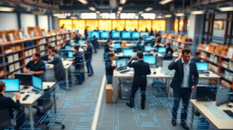 A photorealistic blueprint overlaying a bustling office environment, with lines connecting people to tasks and projects, representing a comprehensive resource inventory system. Professional photography, 8K, cinematic lighting, sharp focus on the blueprint lines, depth of field blurring the background, shot on a high-end DSLR. The atmosphere is organized and strategic.