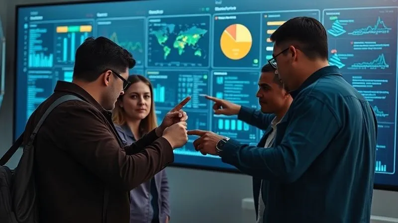 A photorealistic image of a team huddled around a complex digital dashboard, intensely collaborating and pointing at data, symbolizing agile redeployment of resources in a crisis. Professional photography, 8K, cinematic lighting, sharp focus on the team's faces and the screen, depth of field blurring the background, shot on a high-end DSLR. The atmosphere is focused and collaborative.