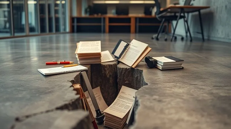 A photorealistic image of a metaphorical 'pitfall' in a professional setting, like a deep crack in a concrete floor of an office, with various business documents and tools precariously balanced around it, symbolizing the common pitfalls of resource reallocation. Professional photography, 8K, cinematic lighting, sharp focus on the crack, depth of field blurring the background, shot on a high-end DSLR. The atmosphere is challenging but navigable.