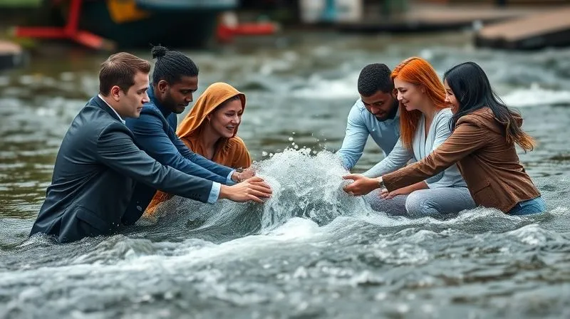 A photorealistic image of a diverse group of professionals collaborating seamlessly, depicted as flowing water merging into a single powerful current, symbolizing a culture of flexibility and adaptability in resource management. Professional photography, 8K, cinematic lighting, sharp focus on the merging figures, depth of field blurring the background, shot on a high-end DSLR. The atmosphere is dynamic and harmonious.