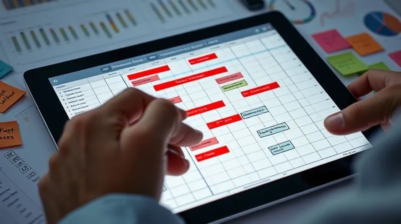 A close-up of a project manager's hands analyzing a complex digital Gantt chart on a tablet, with sections highlighted in red for delays, surrounded by data visualizations and sticky notes indicating root causes. The lighting is focused and intense, suggesting deep analysis. A close-up of a project manager's hands analyzing a complex digital Gantt chart on a tablet, with sections highlighted in red for delays, surrounded by data visualizations and sticky notes indicating root causes. The lighting is focused and intense, suggesting deep analysis.