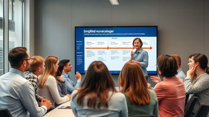 A diverse group of project stakeholders (some looking concerned, others nodding in understanding) gathered around a large screen displaying a simplified, clear recovery plan timeline with key milestones and revised dates. A project manager confidently presents, using gestures to emphasize points, with a focus on clear, open communication. The setting is a modern, collaborative meeting room. A diverse group of project stakeholders (some looking concerned, others nodding in understanding) gathered around a large screen displaying a simplified, clear recovery plan timeline with key milestones and revised dates. A project manager confidently presents, using gestures to emphasize points, with a focus on clear, open communication. The setting is a modern, collaborative meeting room.