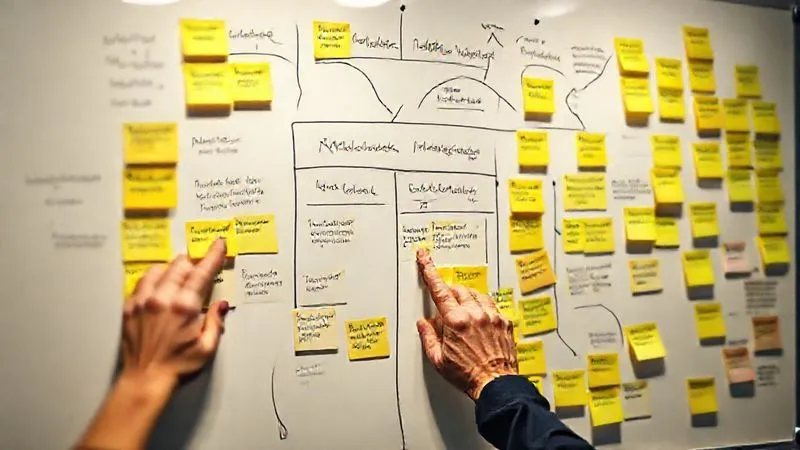 A photorealistic image of a whiteboard filled with interconnected sticky notes, representing a business model canvas with key assumptions highlighted and prioritized by risk and evidence, with hands pointing to the riskiest ones. Cinematic lighting, sharp focus on the whiteboard, depth of field blurring the background, 8K hyper-detailed, professional photography.