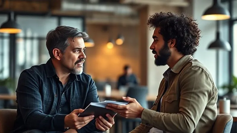 A photorealistic image of two people engaged in an intense, empathetic customer interview in a modern co-working space, one person actively listening and taking notes while the other speaks passionately. Cinematic lighting, sharp focus on their interaction, depth of field blurring the background, 8K hyper-detailed, professional photography.