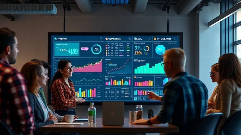 A photorealistic image of a vibrant, collaborative startup team gathered around a large digital dashboard displaying real-time growth metrics and customer feedback, with a sense of excitement and focused energy. Cinematic lighting, sharp focus on the dashboard and team, depth of field blurring the background, 8K hyper-detailed, professional photography.