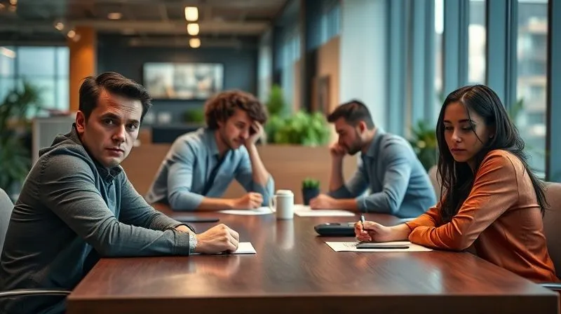 A photorealistic professional photograph of a diverse team (4 people) sitting around a conference table in a modern office, their expressions showing subtle signs of exhaustion and mental fatigue, slumped shoulders, vacant stares. Cinematic lighting, sharp focus on their tired faces, depth of field blurring the background, 8K, shot on a high-end DSLR.
