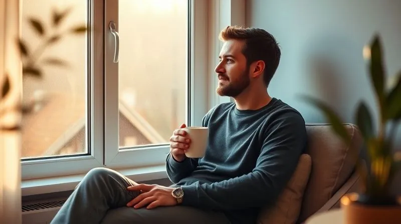 A photorealistic professional photography shot of a person sitting by a window, looking relaxed and contemplative, perhaps with a cup of coffee, bathed in soft morning light. The setting is a quiet, comfortable home office or living space, conveying a sense of peace and recovery. Cinematic lighting, sharp focus on the individual, depth of field blurring the background, 8K, shot on a high-end DSLR.