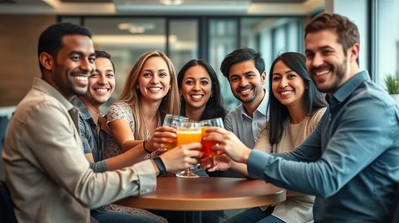 A photorealistic professional photography shot of a diverse team (5-6 people) in a modern office, gathered around a small table, smiling and clinking glasses (non-alcoholic beverages) in a celebratory gesture, perhaps for a small win or a milestone. The atmosphere is warm, positive, and genuinely appreciative. Cinematic lighting, sharp focus on their joyful faces, depth of field blurring the background, 8K, shot on a high-end DSLR.