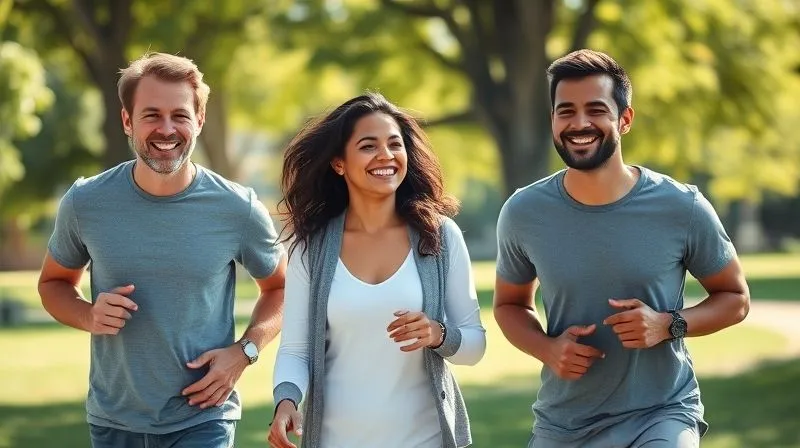 A photorealistic professional photography shot of a diverse team (3-4 people) engaged in a light, positive activity outdoors, perhaps a brisk walk in a park during a lunch break, or a casual team-building exercise. The sun is shining, and they are smiling and interacting positively, conveying renewed health and vitality. Cinematic lighting, sharp focus on the team, depth of field blurring the background, 8K, shot on a high-end DSLR.