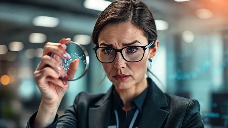 Photorealistic, professional photography, 8K, cinematic lighting, sharp focus, depth of field. A businesswoman holding a magnifying glass, intently examining faint, scattered data points on a digital dashboard, with a subtle, worried expression. The background is a blurred, modern office environment. Shot on a high-end DSLR. Photorealistic, professional photography, 8K, cinematic lighting, sharp focus, depth of field. A businesswoman holding a magnifying glass, intently examining faint, scattered data points on a digital dashboard, with a subtle, worried expression. The background is a blurred, modern office environment. Shot on a high-end DSLR.