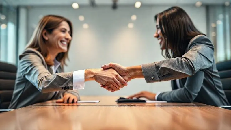 Photorealistic, professional photography, 8K, cinematic lighting, sharp focus, depth of field. Two business people shaking hands across a table, one with a relieved smile, the other with a confident, empathetic expression. A blurred background of a modern meeting room with natural light. The gesture symbolizes rebuilding trust and agreement. Shot on a high-end DSLR. Photorealistic, professional photography, 8K, cinematic lighting, sharp focus, depth of field. Two business people shaking hands across a table, one with a relieved smile, the other with a confident, empathetic expression. A blurred background of a modern meeting room with natural light. The gesture symbolizes rebuilding trust and agreement. Shot on a high-end DSLR.
