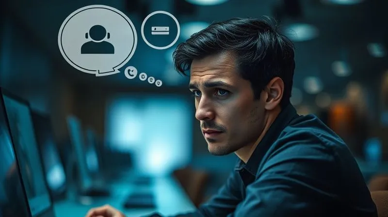 Photorealistic, professional photography, 8K, cinematic lighting, sharp focus, depth of field. A customer looking distressed and contemplative, sitting alone at a desk, with subtle, blurred thought bubbles above their head depicting broken connections and unanswered calls. The lighting is slightly cool, emphasizing a moment of reflection and dissatisfaction.