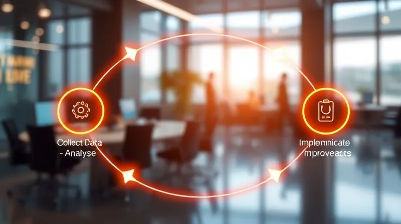Photorealistic, professional photography, 8K, cinematic lighting, sharp focus, depth of field. A stylized, glowing infographic depicting a continuous feedback loop: Collect Data -> Analyze -> Implement Changes -> Communicate Improvements. The loop is dynamic and interconnected, set against a blurred backdrop of a modern office environment, symbolizing business processes.