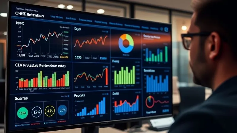 Photorealistic, professional photography, 8K, cinematic lighting, sharp focus, depth of field. A sleek, modern data dashboard displayed on a large monitor, showing various customer retention and re-engagement metrics like churn rate graphs, NPS scores, and CLV projections. The screen glows subtly, reflecting on the face of a focused business analyst. The office background is blurred, highlighting the data.