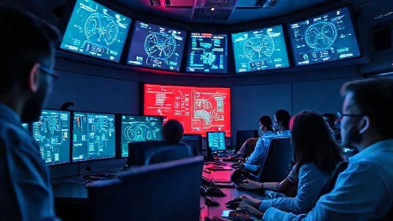 A photorealistic image of a control room with multiple screens showing network diagrams, one section highlighted in red being isolated, a team of diverse professionals intently working, focused expressions, blue and green digital light, 8K, cinematic lighting, sharp focus, depth of field, professional photography, shot on a high-end DSLR, conveying controlled containment.