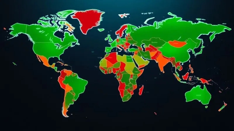 A photorealistic, professional photography, 8K, cinematic lighting, sharp focus, depth of field, shot on a high-end DSLR, showing a stylized world map with different regions highlighted in varying shades of green and red, representing diverse economic health, with financial data overlays. The image should convey global interconnectedness and strategic investment spread.