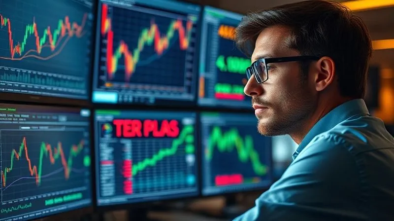 A professional, photorealistic photography, 8K, cinematic lighting, sharp focus, depth of field, shot on a high-end DSLR, showing a focused financial analyst looking at multiple large computer screens displaying complex financial charts, real-time market data, and economic indicators, with a determined yet calm expression. The scene is well-lit, conveying expertise and vigilance.