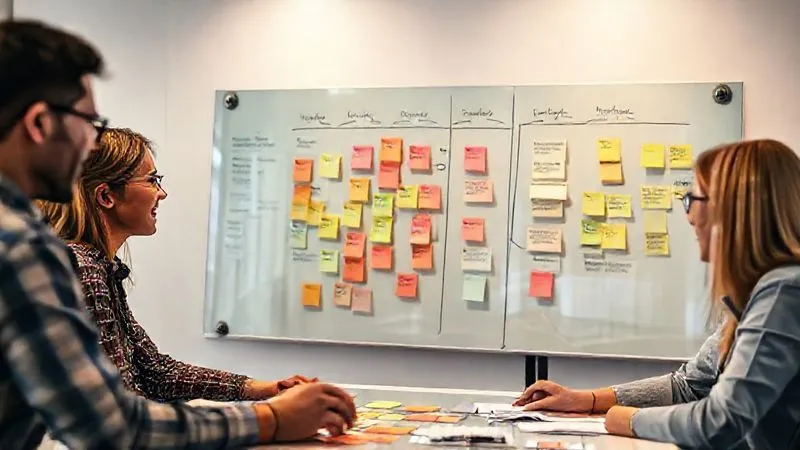 A photorealistic image of a diverse project team gathered around a large digital whiteboard, actively discussing and moving virtual sticky notes representing tasks and team members, illustrating dynamic resource allocation. The atmosphere is collaborative and focused, with cinematic lighting highlighting their expressions, sharp focus on the whiteboard and team, depth of field blurring the background, 8K hyper-detailed, professional photography, shot on a high-end DSLR. A photorealistic image of a diverse project team gathered around a large digital whiteboard, actively discussing and moving virtual sticky notes representing tasks and team members, illustrating dynamic resource allocation. The atmosphere is collaborative and focused, with cinematic lighting highlighting their expressions, sharp focus on the whiteboard and team, depth of field blurring the background, 8K hyper-detailed, professional photography, shot on a high-end DSLR.