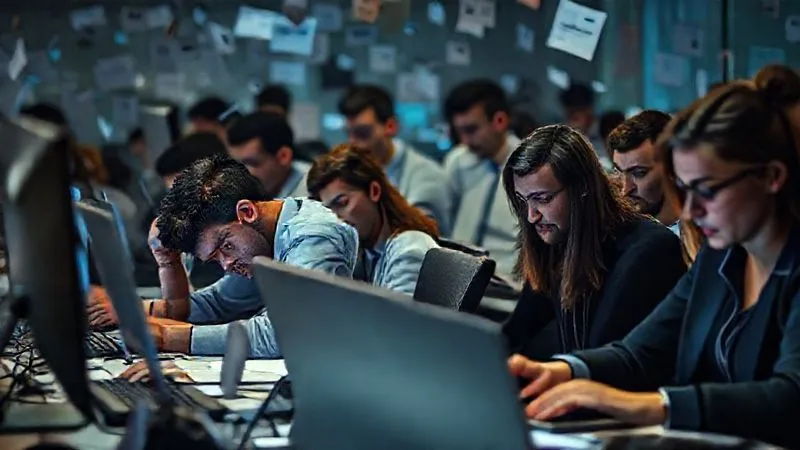 Photorealistic, professional photography, 8K, cinematic lighting, sharp focus, depth of field, shot on a high-end DSLR. A diverse group of office workers looking stressed and overwhelmed, surrounded by overflowing inboxes and digital notifications. One person is slumped over their desk, while others are frantically typing, conveying a sense of urgency and impending burnout. The lighting is dim and emphasizes shadows, creating a somber mood.