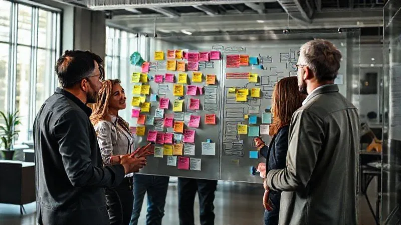 Photorealistic, professional photography, 8K, cinematic lighting, sharp focus, depth of field, shot on a high-end DSLR. A diverse group of professionals in a modern, collaborative workspace, engaged in an intense brainstorming session. They are gathered around a large glass whiteboard covered in colorful sticky notes and flowcharts, actively discussing and moving elements. The focus is on their dynamic interaction and problem-solving energy, with clear communication and shared purpose. Natural light streams in, highlighting their focused expressions.
