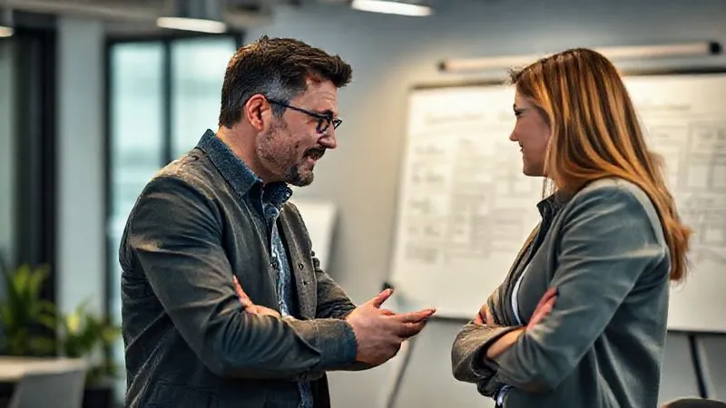 Photorealistic, professional photography, 8K, cinematic lighting, sharp focus, depth of field, shot on a high-end DSLR. A supportive team leader in a modern office setting is having a focused, empathetic conversation with a team member who appears slightly overwhelmed. The leader is actively listening, leaning in, and offering guidance, with a whiteboard in the background showing project progress. The atmosphere is one of trust and encouragement, highlighting effective leadership during stressful times.