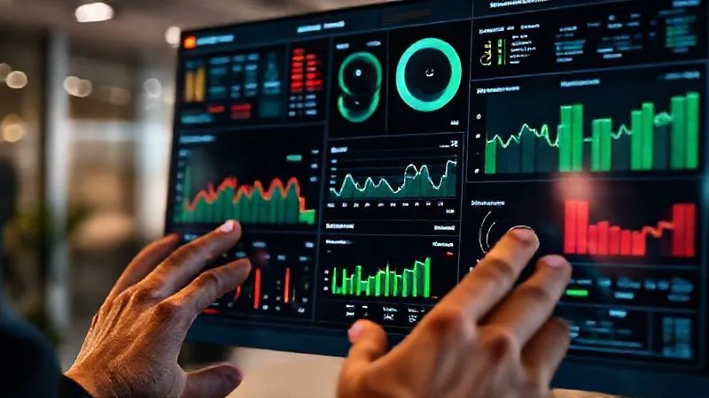 Photorealistic, professional photography, 8K, cinematic lighting, sharp focus, depth of field, shot on a high-end DSLR. A close-up of a sophisticated digital dashboard displaying real-time project metrics, resource allocation charts, and team workload visualizations. The screen shows dynamic data, with some sections highlighted in red for urgent attention and others in green for healthy progress. Hands are subtly interacting with a touchscreen, indicating active management, with a blurred modern office background.