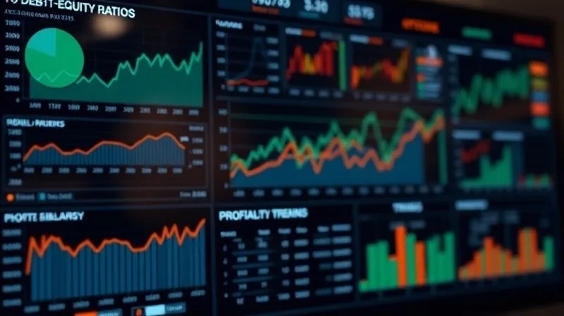 A photorealistic image of a complex financial dashboard displaying various charts and graphs representing debt-equity ratios, cash flow, and profitability trends. Data points are highlighted, cinematic lighting, sharp focus on the central ratio, depth of field blurring the background, 8K hyper-detailed, professional photography, shot on a high-end DSLR.