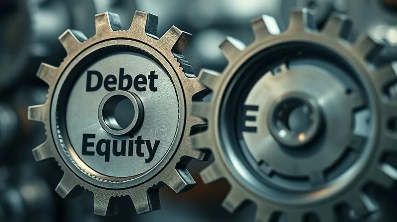A photorealistic image of two large, intricate gears smoothly meshing together. One gear is labeled 'Debt' and the other 'Equity', illustrating a seamless conversion or restructuring process. Cinematic lighting, sharp focus on the gears, depth of field blurring the background, 8K hyper-detailed, professional photography, shot on a high-end DSLR.