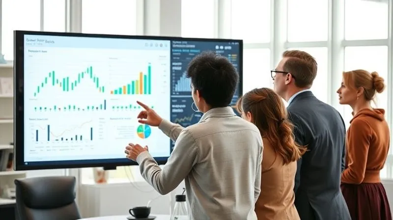 A diverse team of business professionals collaboratively reviewing financial charts and data on a large screen in a modern, well-lit office. They are engaged in discussion, pointing at key metrics, conveying a sense of teamwork and shared financial responsibility. Photorealistic, professional photography, 8K, cinematic lighting, sharp focus, depth of field, shot on a high-end DSLR.