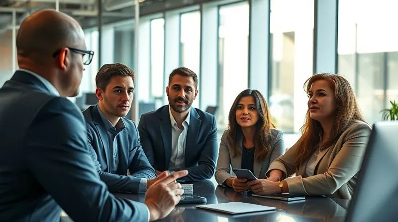 photorealistic, professional photography, 8K, cinematic lighting, sharp focus, depth of field, shot on a high-end DSLR, a diverse group of corporate employees in a modern office, engaged in a serious but hopeful internal meeting, looking at a presenter with trust, subtle glow around the team, symbolizing internal unity and clear communication during a crisis.