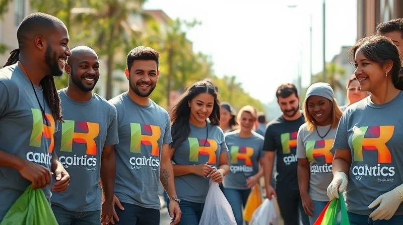 photorealistic, professional photography, 8K, cinematic lighting, sharp focus, depth of field, shot on a high-end DSLR, diverse corporate employees in branded t-shirts actively participating in a community clean-up event, smiling and interacting with local residents, bright daylight, a sense of genuine engagement and positive impact.