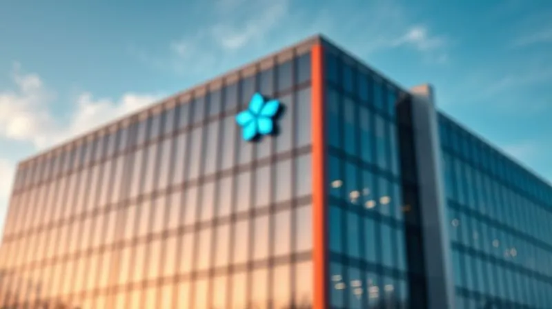 photorealistic, professional photography, 8K, cinematic lighting, sharp focus, depth of field, shot on a high-end DSLR, a vibrant, modern corporate building with a newly designed, subtly glowing logo, reflecting a clear blue sky, symbolizing renewal, progress, and a fresh start after a period of challenge.