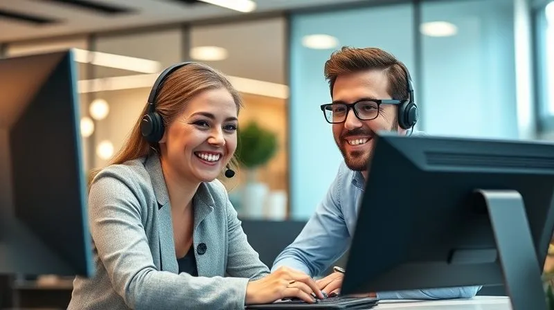 A photorealistic, professional image of a customer service representative genuinely smiling while assisting a customer on a video call, both looking engaged and positive. The background is a modern, clean office environment. Professional photography, 8K, cinematic lighting, sharp focus, depth of field, shot on a high-end DSLR.
