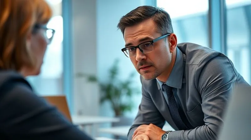 Photorealistic, professional photography, 8K, cinematic lighting, sharp focus, depth of field, shot on a high-end DSLR. A leader in a modern, well-lit office, leaning forward intently, listening with empathy to a team member who is speaking. The leader's expression is serious and compassionate, symbolizing active listening and psychological safety in a professional setting.