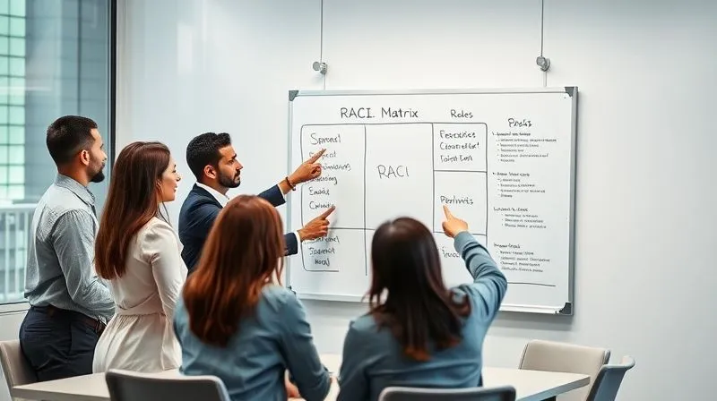 Photorealistic, professional photography, 8K, cinematic lighting, sharp focus, depth of field, shot on a high-end DSLR. A diverse team of professionals in a modern meeting room, actively collaborating around a whiteboard with a clearly drawn RACI matrix. They are pointing to different sections, engaged in discussion, symbolizing clear roles and shared responsibilities.