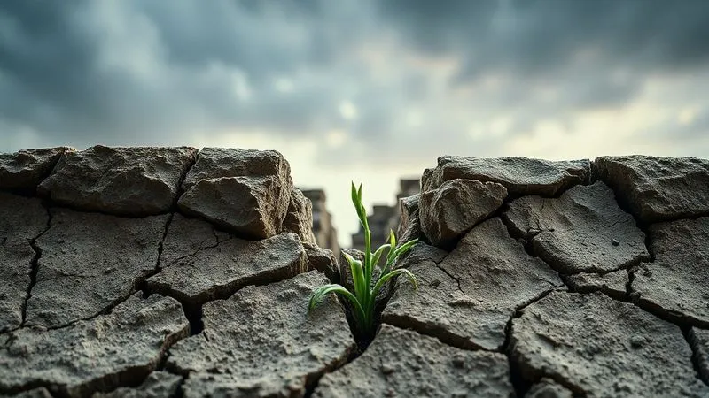 photorealistic, professional photography, 8K, cinematic lighting, sharp focus, depth of field, shot on a high-end DSLR. A visibly cracked and crumbling stone foundation, with delicate green shoots attempting to grow through the fissures, under a somber sky, symbolizing eroded trust and the potential for fragile new beginnings in a corporate context.