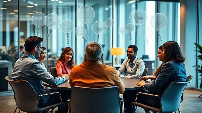 photorealistic, professional photography, 8K, cinematic lighting, sharp focus, depth of field, shot on a high-end DSLR. A diverse group of professionals in a modern office meeting room, seated in a circle, engaged in deep, empathetic listening. Transparent thought bubbles above their heads show symbols of understanding and shared ideas, reflecting open and honest communication.