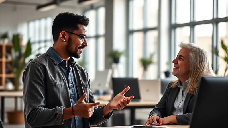 photorealistic, professional photography, 8K, cinematic lighting, sharp focus, depth of field, shot on a high-end DSLR. A diverse team member confidently sharing an idea in a brightly lit, modern office space, while a manager listens attentively with an encouraging smile. The atmosphere is warm and supportive, conveying psychological safety and empathy.