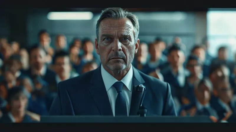 photorealistic, professional photography, 8K, cinematic lighting, sharp focus, depth of field, shot on a high-end DSLR. A solemn CEO at a press conference podium, microphone in front, looking directly at the camera with a serious but empathetic expression, a blurred background of news reporters and cameras, conveying transparency and accountability.