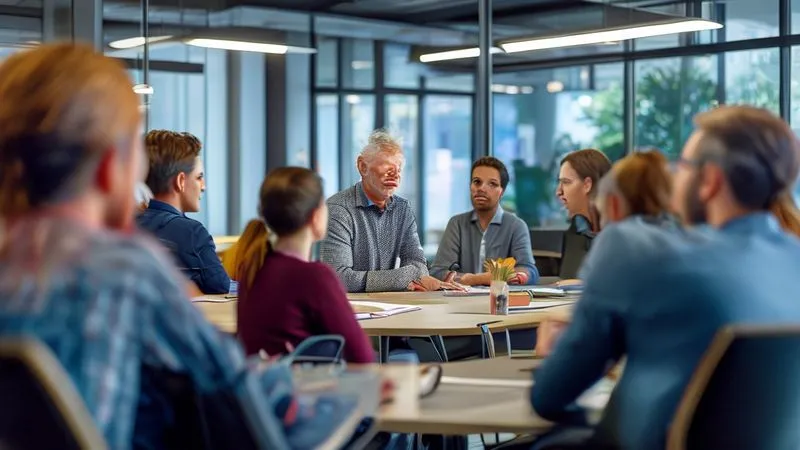 photorealistic, professional photography, 8K, cinematic lighting, sharp focus, depth of field, shot on a high-end DSLR. A diverse group of employees engaged in an open, collaborative meeting, a senior leader actively listening to an employee speaking, bright and modern office environment, symbolizing transparent internal communication and empowerment.